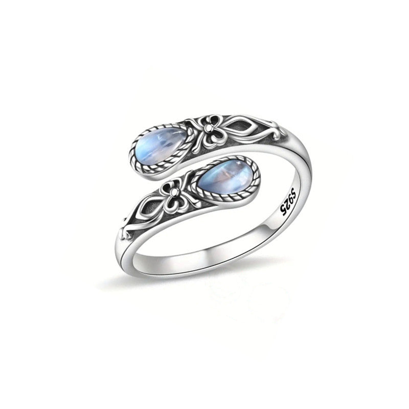 European and American Moonstone Spoon-Shaped Ring Victorian Vintage Relief Bowknot Bohemian Style Ring