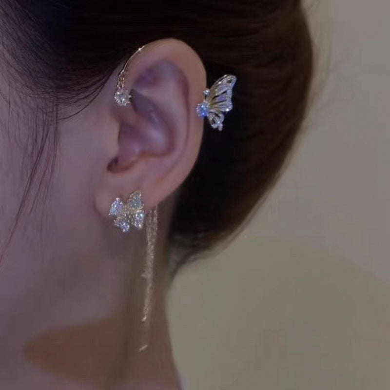 Super Shiny Diamond-Encrusted Butterfly Flower Women's Non-Pierced Tassel Ear Cuff Earrings