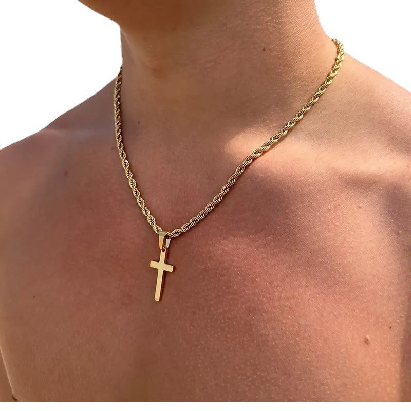 Men's stainless steel gold-plated cross-shaped design pendant necklace, men's necklace, party fashion jewelry, daily clothing decoration, all fashionable matching and exquisite jewelry, birthday gift, fashionable charm necklace