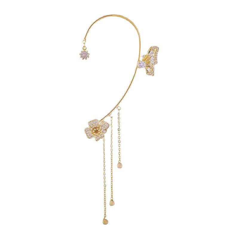 Super Shiny Diamond-Encrusted Butterfly Flower Women's Non-Pierced Tassel Ear Cuff Earrings