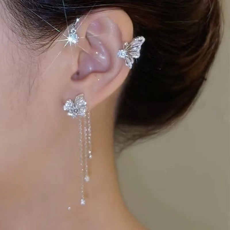 Super Shiny Diamond-Encrusted Butterfly Flower Women's Non-Pierced Tassel Ear Cuff Earrings
