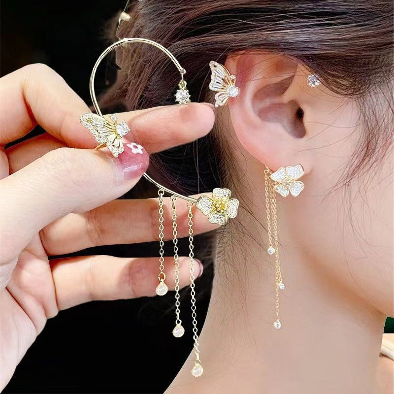 Super Shiny Diamond-Encrusted Butterfly Flower Women's Non-Pierced Tassel Ear Cuff Earrings