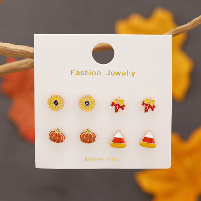 Cartoon Oil Drop Sunflower Pumpkin Maple Leaf Set Earrings