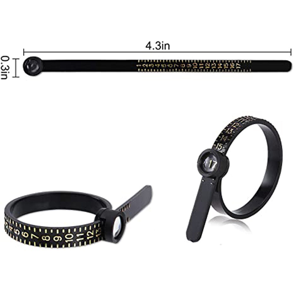 Measure the size of your finger with a magnifying glass ring and a ring tape measure