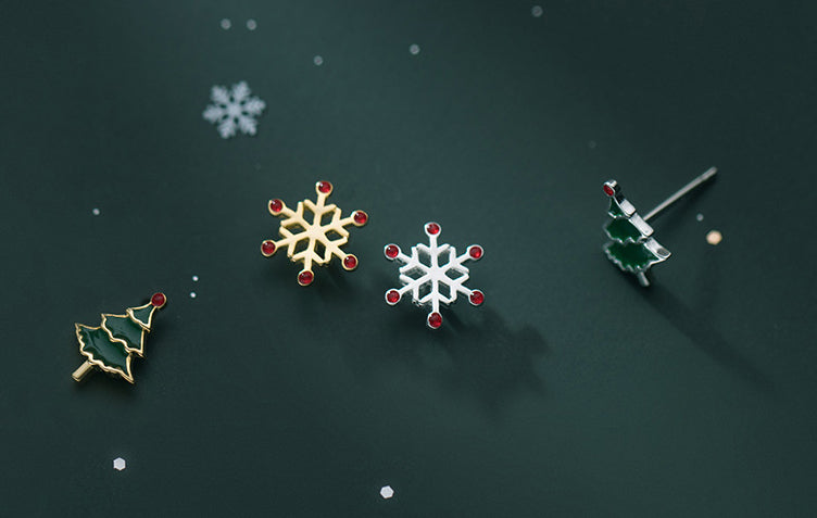 Snowflake Christmas Tree Earrings Asymmetric Christmas Earrings