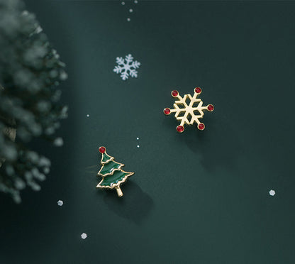 Snowflake Christmas Tree Earrings Asymmetric Christmas Earrings