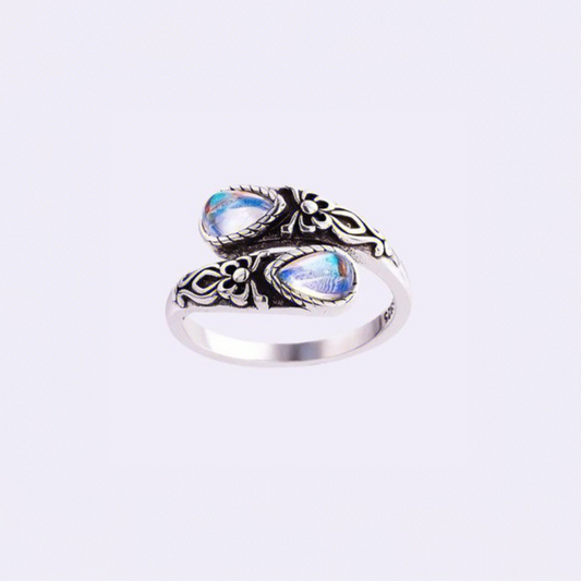 European and American Moonstone Spoon-Shaped Ring Victorian Vintage Relief Bowknot Bohemian Style Ring