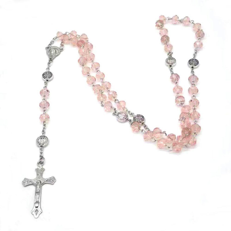 Imitation crystal bead Catholic rose necklace, cross pendant necklace, religious necklace, long chain, prayer charm jewelry gift