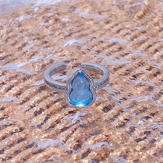 Diamond-encrusted vintage light luxury high-end ring, new Chinese-style sea blue enamel gourd cool open ring