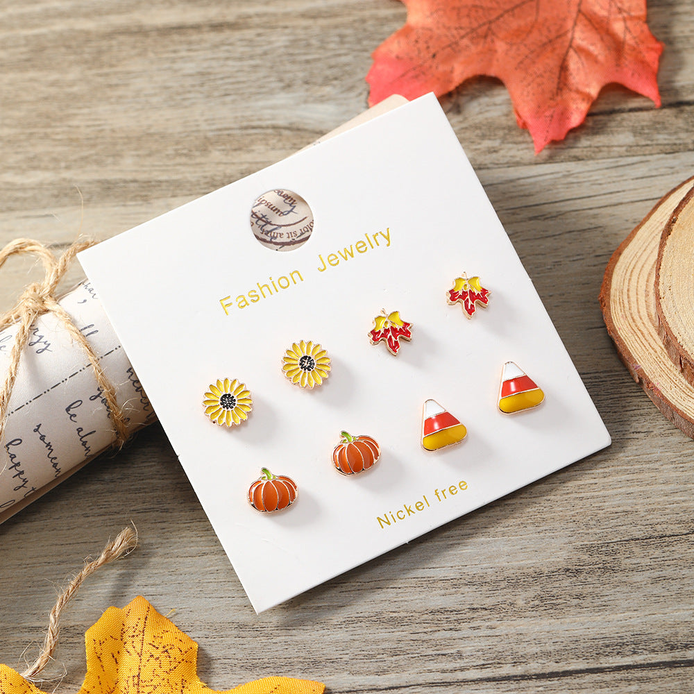 Cartoon Oil Drop Sunflower Pumpkin Maple Leaf Set Earrings