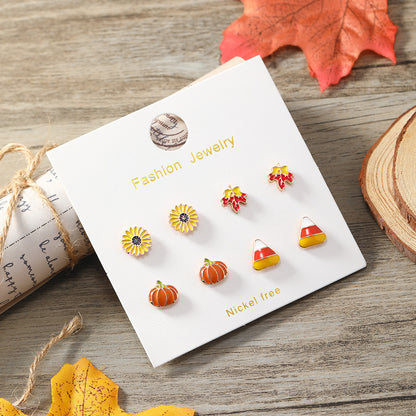 Cartoon Oil Drop Sunflower Pumpkin Maple Leaf Set Earrings