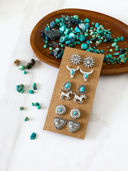 Western Cowboy Style Turquoise Earrings Vintage Ethnic Style Turquoise Flower Bull Head Horse Heart Carved Stud Earrings for Women