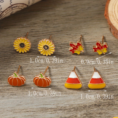 Cartoon Oil Drop Sunflower Pumpkin Maple Leaf Set Earrings