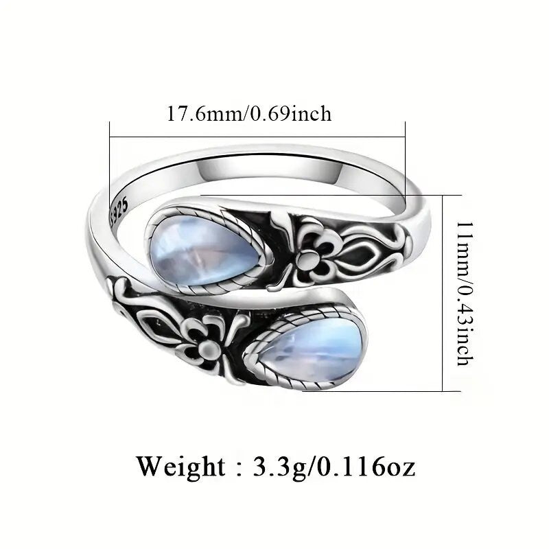 European and American Moonstone Spoon-Shaped Ring Victorian Vintage Relief Bowknot Bohemian Style Ring