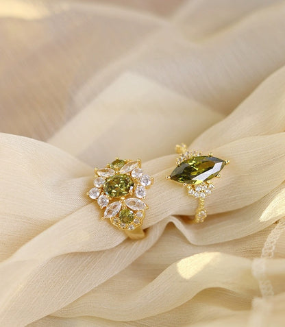 Vintage Jewelry French Retro Exquisite Niche Light Luxury Palace Style High-end Olive Green New Open Ring for Women