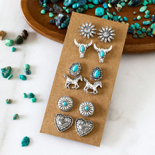 Western Cowboy Style Turquoise Earrings Vintage Ethnic Style Turquoise Flower Bull Head Horse Heart Carved Stud Earrings for Women