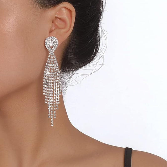 Classic long tassel earrings set with diamond stud earrings, a fashionable evening dress accessory