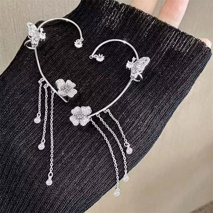 Super Shiny Diamond-Encrusted Butterfly Flower Women's Non-Pierced Tassel Ear Cuff Earrings