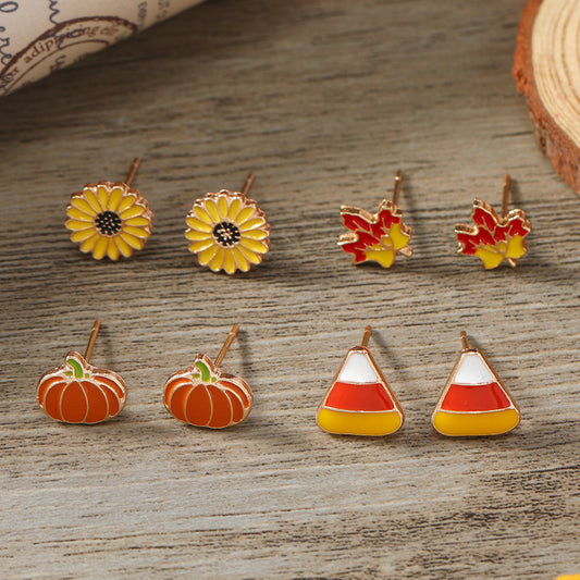 Cartoon Oil Drop Sunflower Pumpkin Maple Leaf Set Earrings