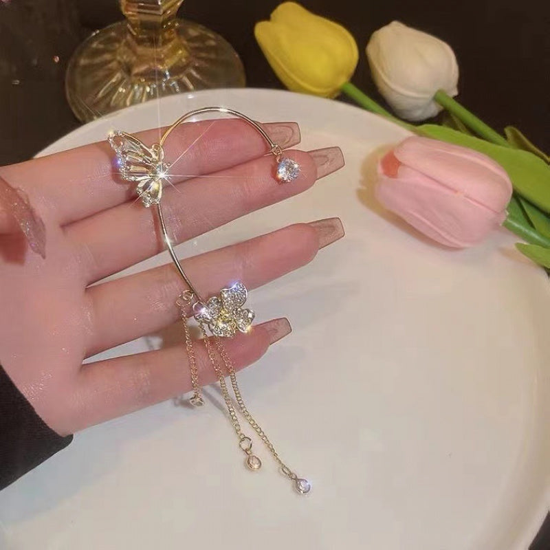 Super Shiny Diamond-Encrusted Butterfly Flower Women's Non-Pierced Tassel Ear Cuff Earrings