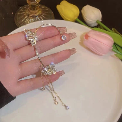 Super Shiny Diamond-Encrusted Butterfly Flower Women's Non-Pierced Tassel Ear Cuff Earrings