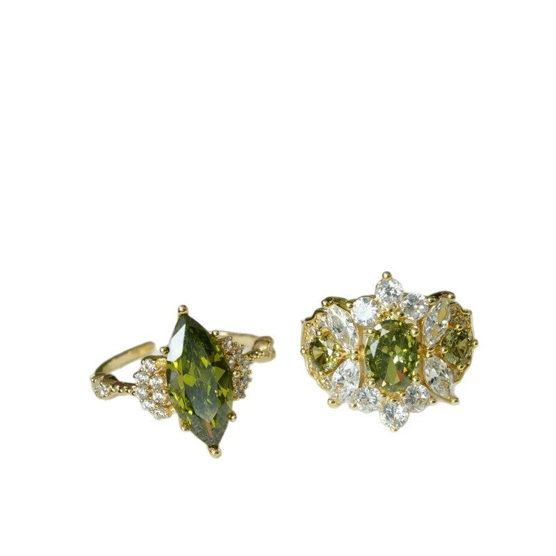 Vintage Jewelry French Retro Exquisite Niche Light Luxury Palace Style High-end Olive Green New Open Ring for Women