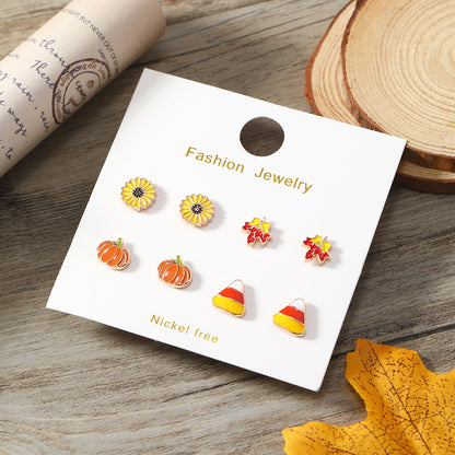 Cartoon Oil Drop Sunflower Pumpkin Maple Leaf Set Earrings