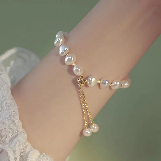French Retro Baroque Irregular Pearl Pull Chain Bracelet for Women, Light Luxury High-end Niche Design, Fashionable and Versatile