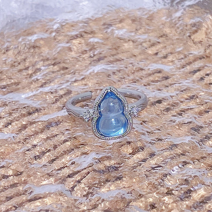 Diamond-encrusted vintage light luxury high-end ring, new Chinese-style sea blue enamel gourd cool open ring