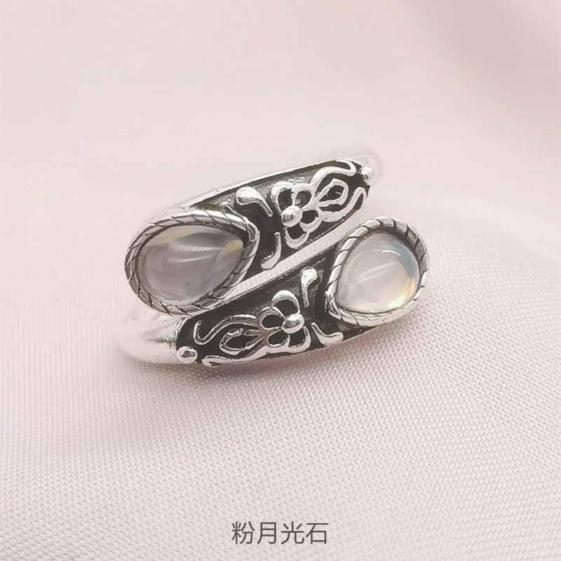 European and American Moonstone Spoon-Shaped Ring Victorian Vintage Relief Bowknot Bohemian Style Ring