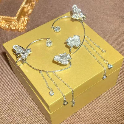 Super Shiny Diamond-Encrusted Butterfly Flower Women's Non-Pierced Tassel Ear Cuff Earrings