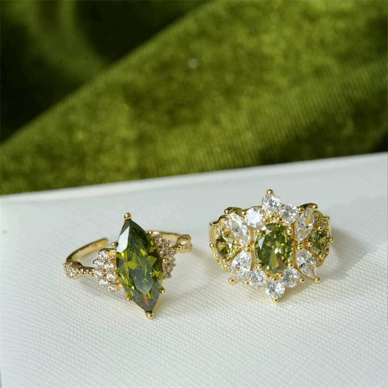 Vintage Jewelry French Retro Exquisite Niche Light Luxury Palace Style High-end Olive Green New Open Ring for Women