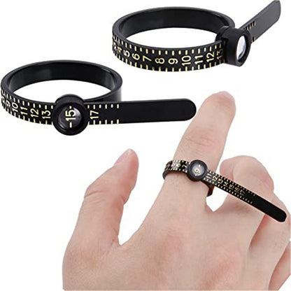 Measure the size of your finger with a magnifying glass ring and a ring tape measure