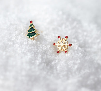 Snowflake Christmas Tree Earrings Asymmetric Christmas Earrings