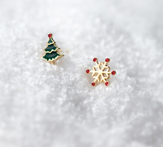 Snowflake Christmas Tree Earrings Asymmetric Christmas Earrings