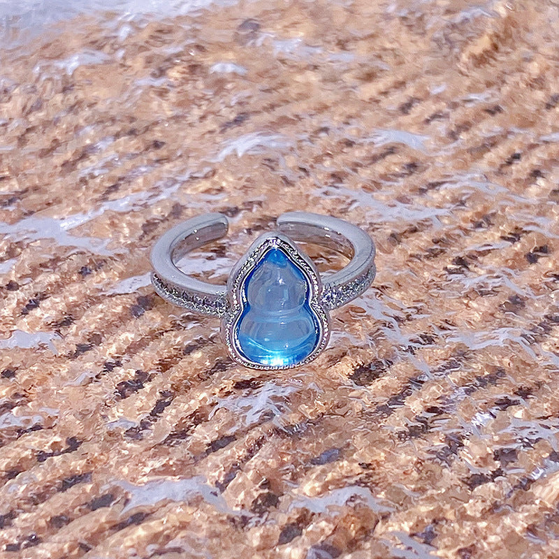 Diamond-encrusted vintage light luxury high-end ring, new Chinese-style sea blue enamel gourd cool open ring