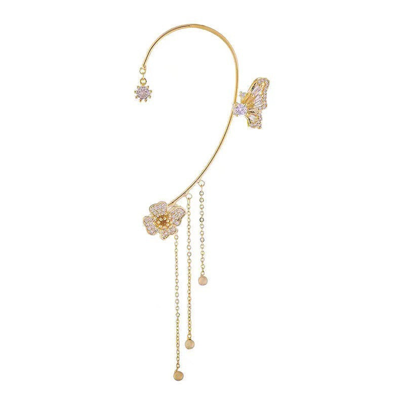 Super Shiny Diamond-Encrusted Butterfly Flower Women's Non-Pierced Tassel Ear Cuff Earrings