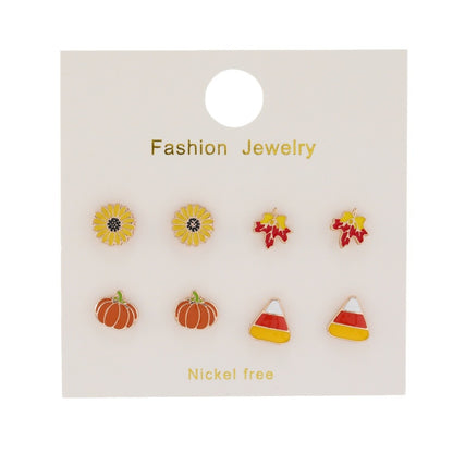 Cartoon Oil Drop Sunflower Pumpkin Maple Leaf Set Earrings