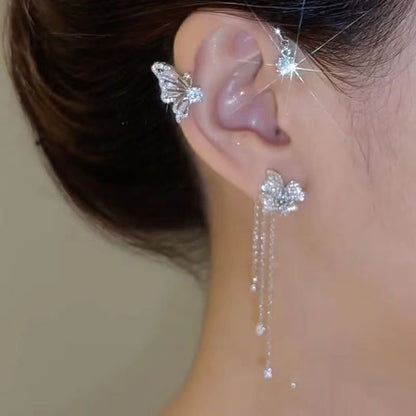 Super Shiny Diamond-Encrusted Butterfly Flower Women's Non-Pierced Tassel Ear Cuff Earrings