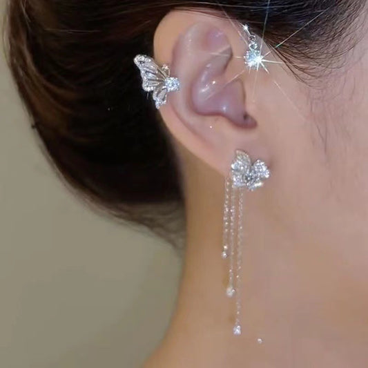 Super Shiny Diamond-Encrusted Butterfly Flower Women's Non-Pierced Tassel Ear Cuff Earrings