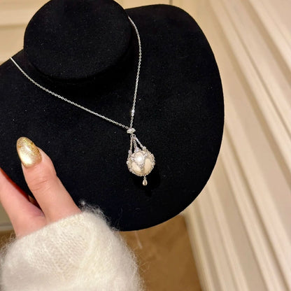 Diamond-Encrusted Net Pocket Design Pearl Necklace Detachable Light Luxury Sweater Chain Women's Necklace Choker Gift