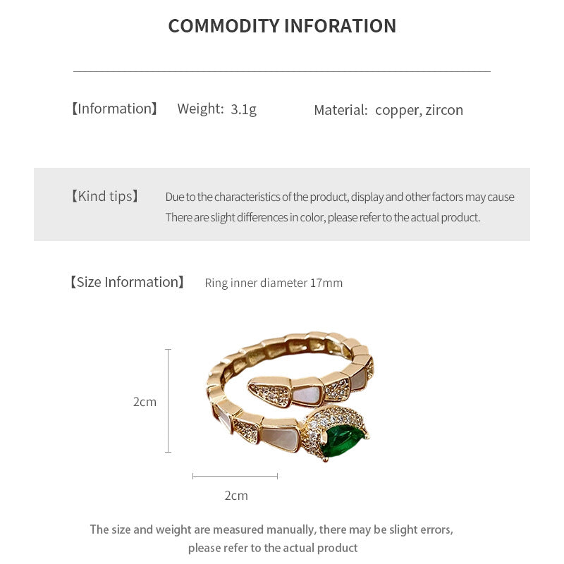 This retro, light luxury, slightly set zircon snake-shaped ring exudes a sense of sophistication and a niche charm for the index finger ring