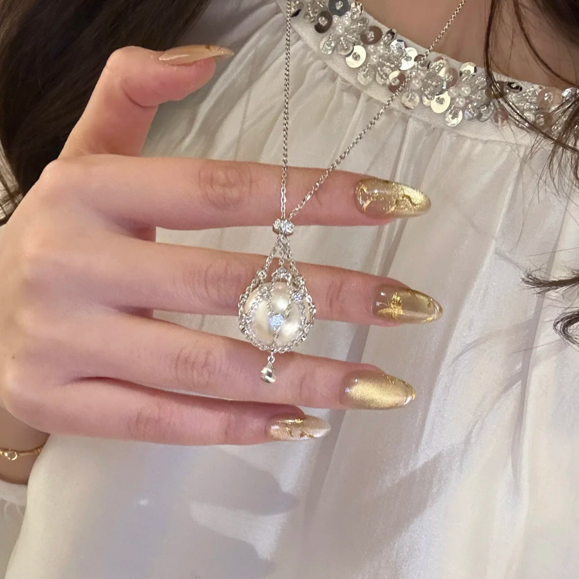 Diamond-Encrusted Net Pocket Design Pearl Necklace Detachable Light Luxury Sweater Chain Women's Necklace Choker Gift
