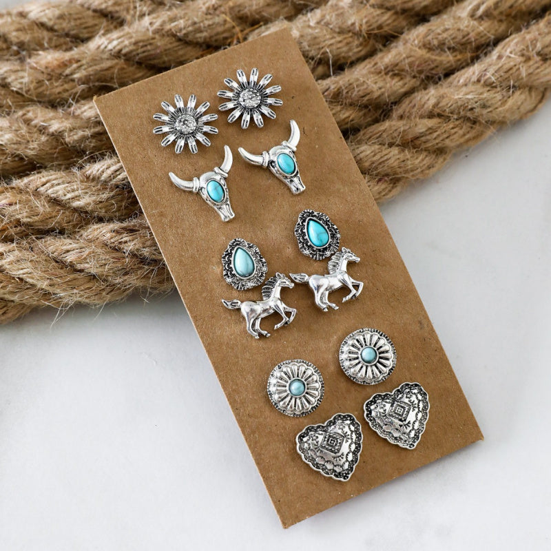 Western Cowboy Style Turquoise Earrings Vintage Ethnic Style Turquoise Flower Bull Head Horse Heart Carved Stud Earrings for Women
