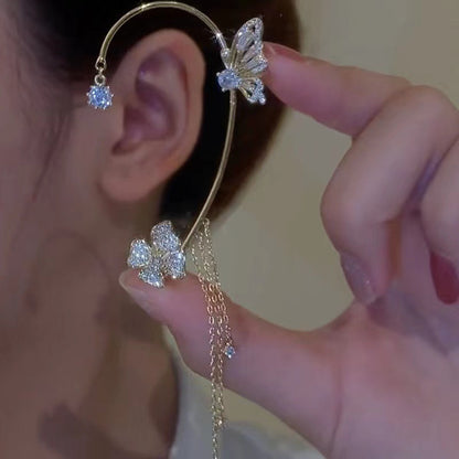 Super Shiny Diamond-Encrusted Butterfly Flower Women's Non-Pierced Tassel Ear Cuff Earrings