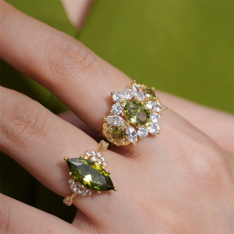 Vintage Jewelry French Retro Exquisite Niche Light Luxury Palace Style High-end Olive Green New Open Ring for Women